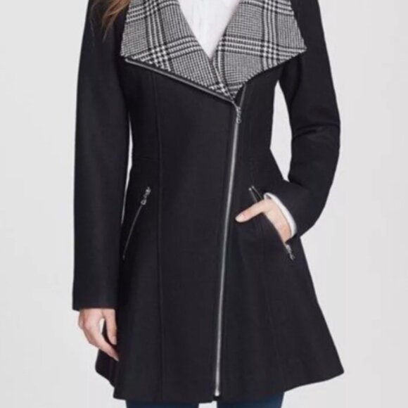 Guess Los Angeles Wool Black Plaid Pea Coat Medium - Picture 1 of 3